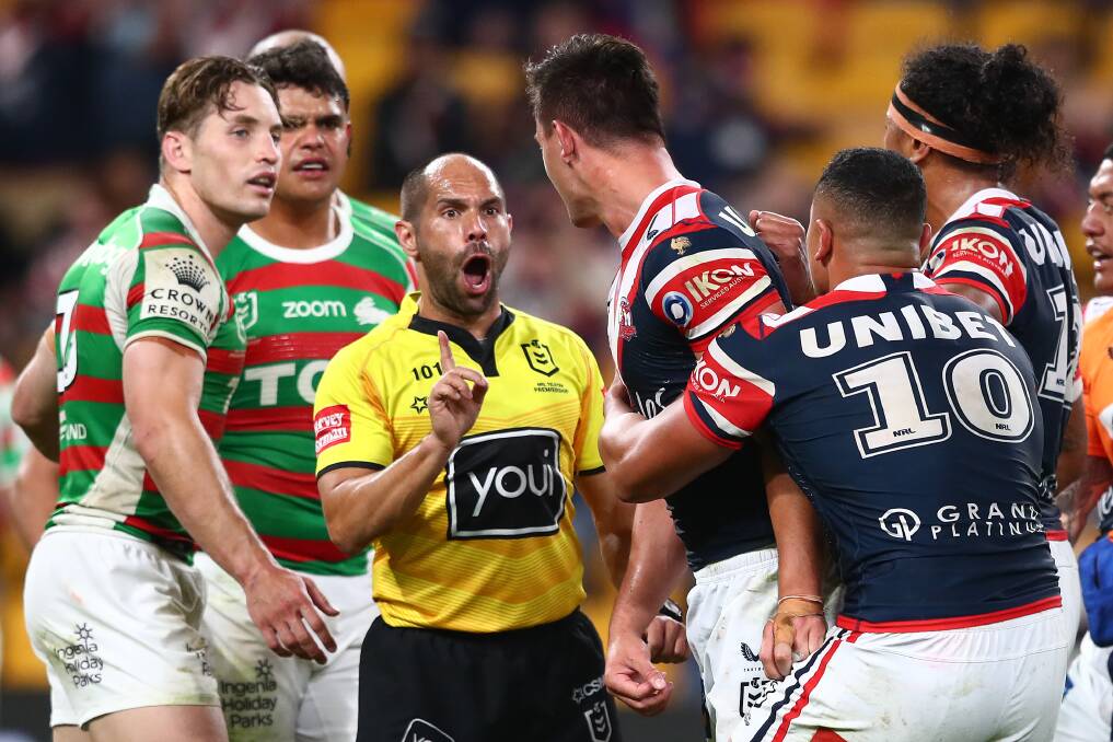 Latrell Mitchell's vicious hit on Roosters centre Joseph Manu Picture: Getty Images