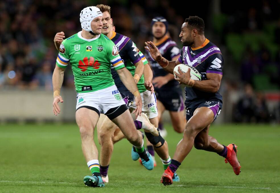 The lead-up to Elliott Whitehead's off-the-ball tackle on Ryan Papenhuyzen, which Graham Annesley said should've resulted in a sin bin. Picture: NRL Imagery