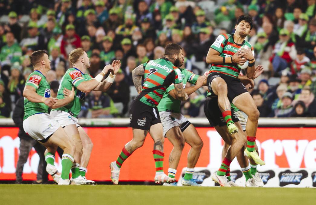 Rabbitohs winger Jaxson Paulo takes a high ball. Picture: Dion Georgopoulos