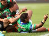 Raiders enforcer Josh Papalii crashes over for a try in his 250th NRL game. Picture: Getty Images