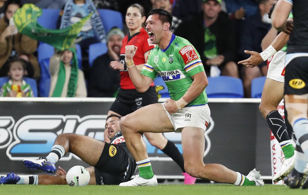 Raiders winger Jordan Rapana scores the opening try against the Sharks. Picture: Getty Images