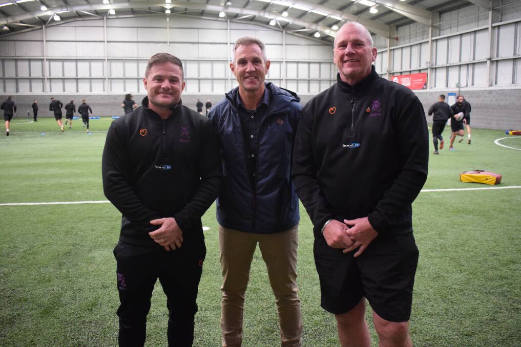 Huddersfield coach Simon Woolford and development boss Andy Kelly will work with Raiders CEO Don Furner, middle, to develop the next batch of English stars.