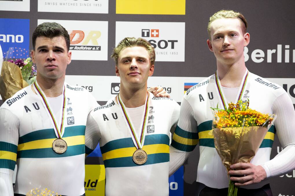 Canberra's Nathan Hart, left, teamed up with Matthew Richardson and Thomas Cornish to win bronze at the worlds. Picture: Casey Gibson