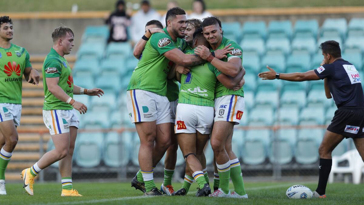 The Raiders celebrate a try during their SG Ball premiership win. Picture: Bryden Sharp/NSW Rugby League