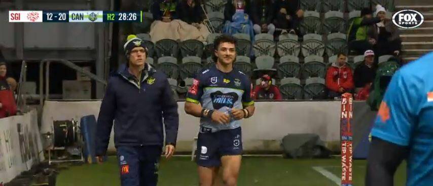 Raiders winger Xavier Savage will always remember his NRL debut. Picture: Screen grab of Fox Sports