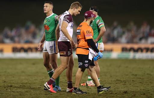 Manly fullback Tom Trbojevic limped off in the second half. Picture: Getty Images
