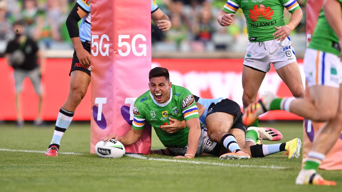 Raiders lock Joe Tapine danced his way through the Sharks' middle for the opening try. Picture: NRL Imagery