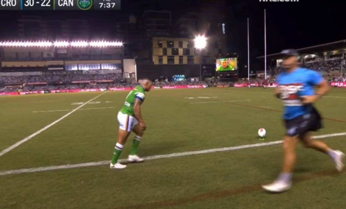 Cronulla look set to be fined for Sharks trainer Daniel Holdsworth running past Raiders halfback Jamal Fogarty as he attempted a sideline conversion. Picture NRL
