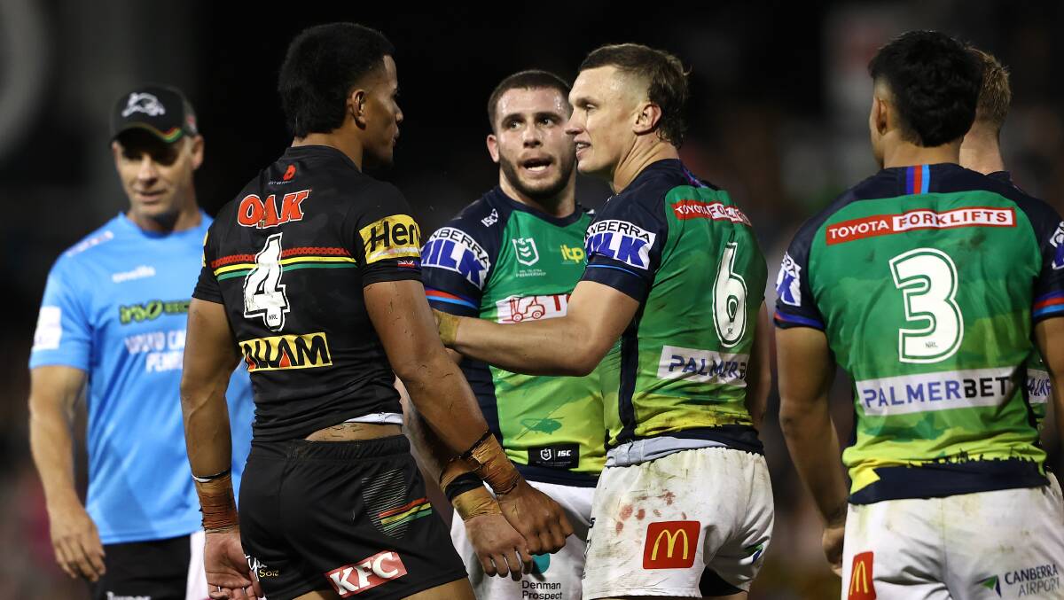 Panthers centre Stephen Crichton realises what he's up against. Picture Getty Images