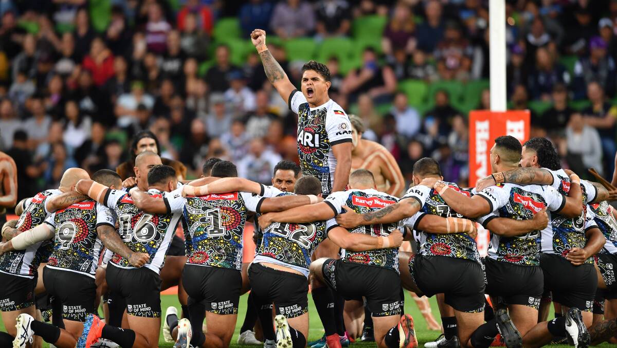 Sydney Roosters star Latrell Mitchell leads the Indigenous team's war cry at this year's All Star game. Picture: NRL Imagery