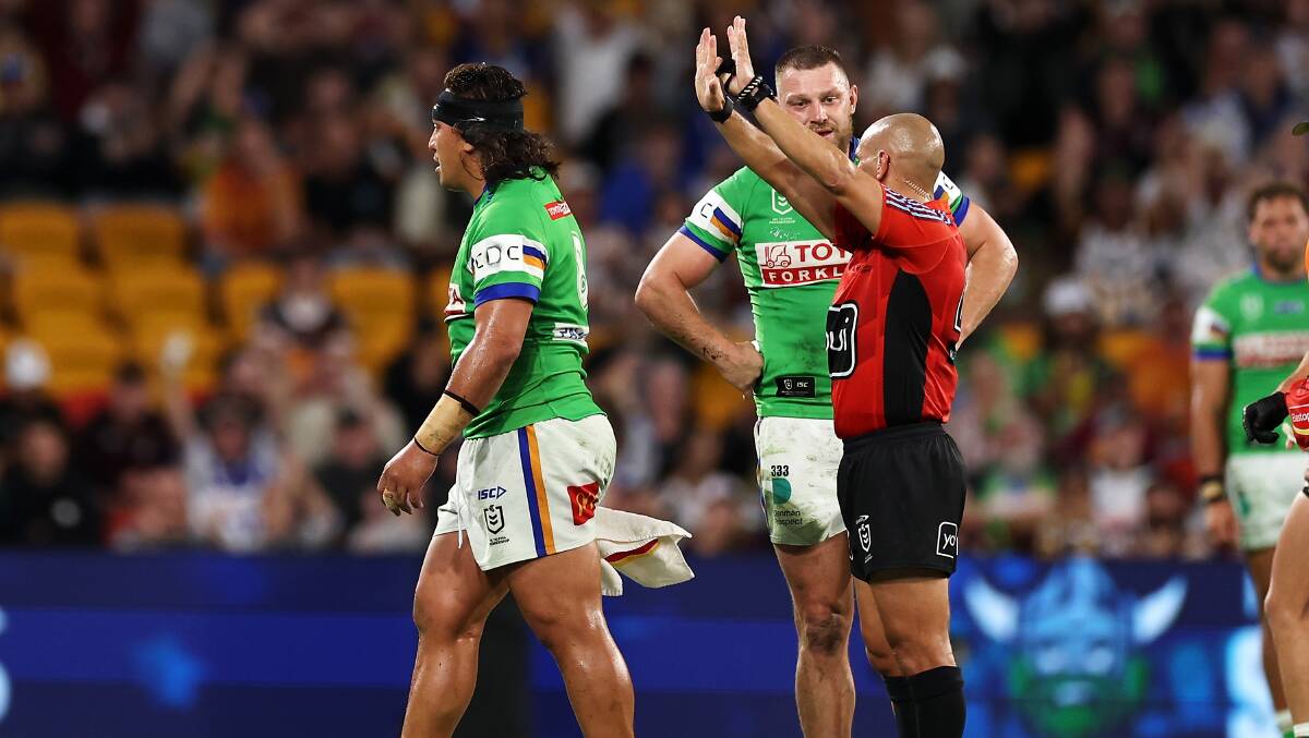 Josh Papali'i is put on report and sent to the sin bin for a hip-drop tackle on Viliame Kikau. Picture Getty Images