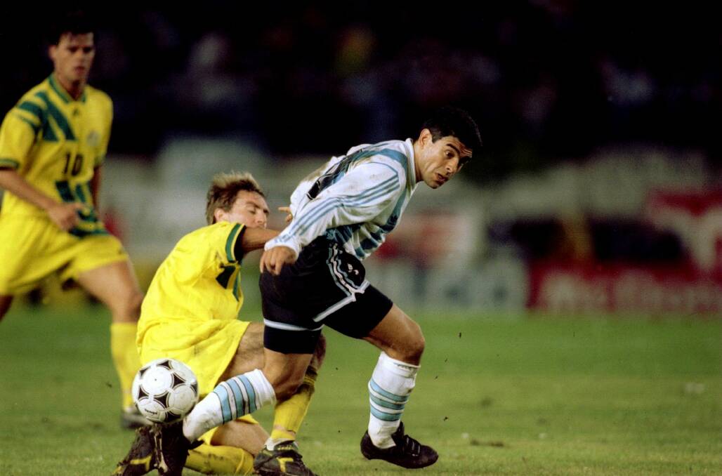 Former Socceroos captain Paul Wade had a torrid time trying to stop the legendary Diego Maradona. Picture: Getty Images