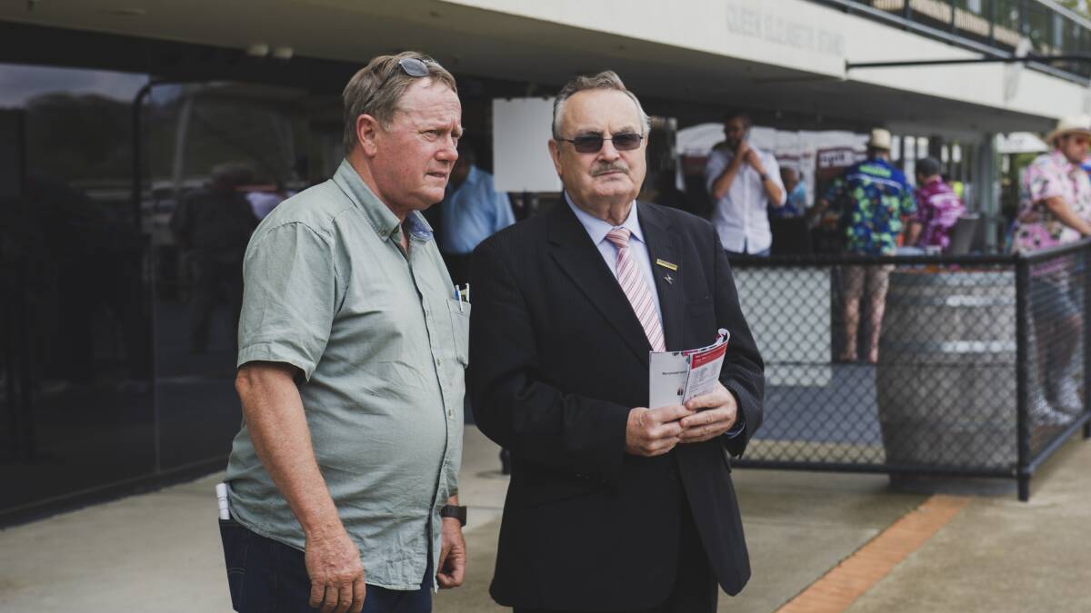 Canberra trainer Norm Gardner, left, with chairman Les Boags. Gardner says the trainers are more concerned with problems like the cost of workers compensation insurance rather than any dramas with the board. Picture by Dion Georgopoulos