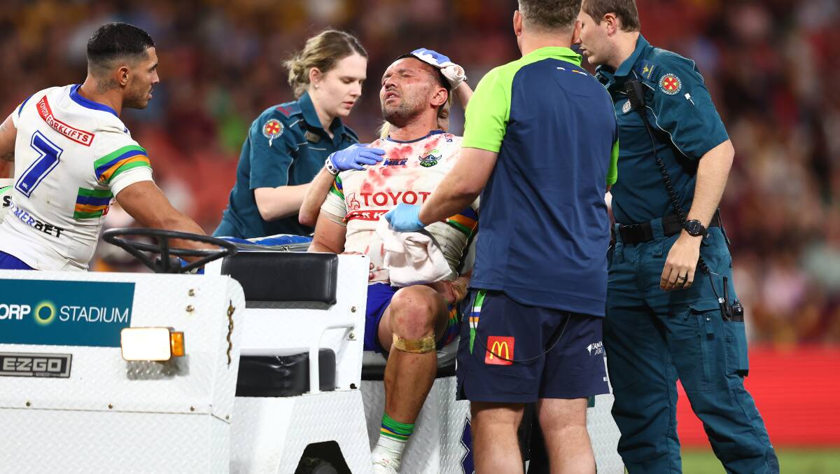 Raiders winger Jordan Rapana left the field after a sickening blow ended his night. He starred with two tries and great defence. Picture Getty Images