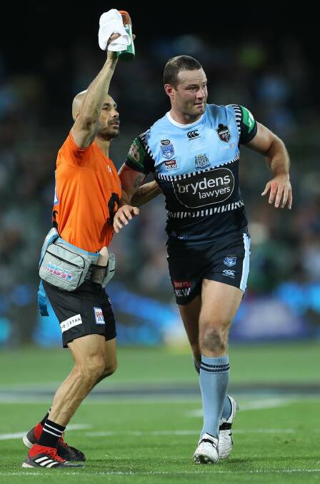 Blues captain Boyd Cordner went off with a head knock, but he was able to return. Picture: Getty Images