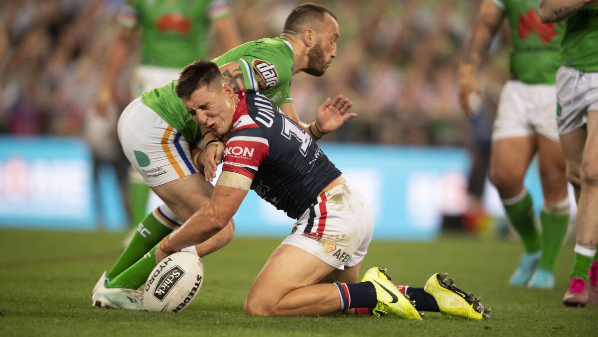Ouch, that hurts. Raiders hooker Josh Hodgson tackles Victor Radley. Picture: Sitt Ditthavong