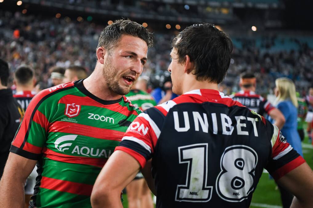Burgess has a go at Roosters' Billy Smith after pulling his hair. Picture: NRL Imagery