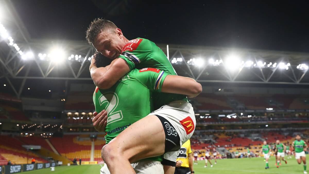 Jack Wighton and Bailey Simonsson have sparked up a dangerous combination on the Raiders' left edge. Picture: Getty Images