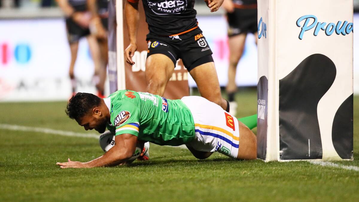 Lui crosses for just his third try in the NRL. Picture: NRL Imagery