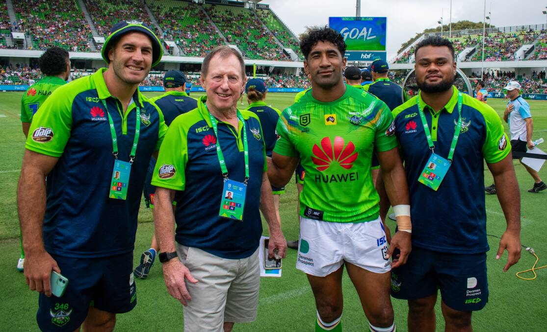 Raiders recruitment boss Peter Mulholland, second from left, hangs out with Michael Oldfield, Sia Soliola and Dunamis Lui at the Perth Nines. Picture: Raiders Media