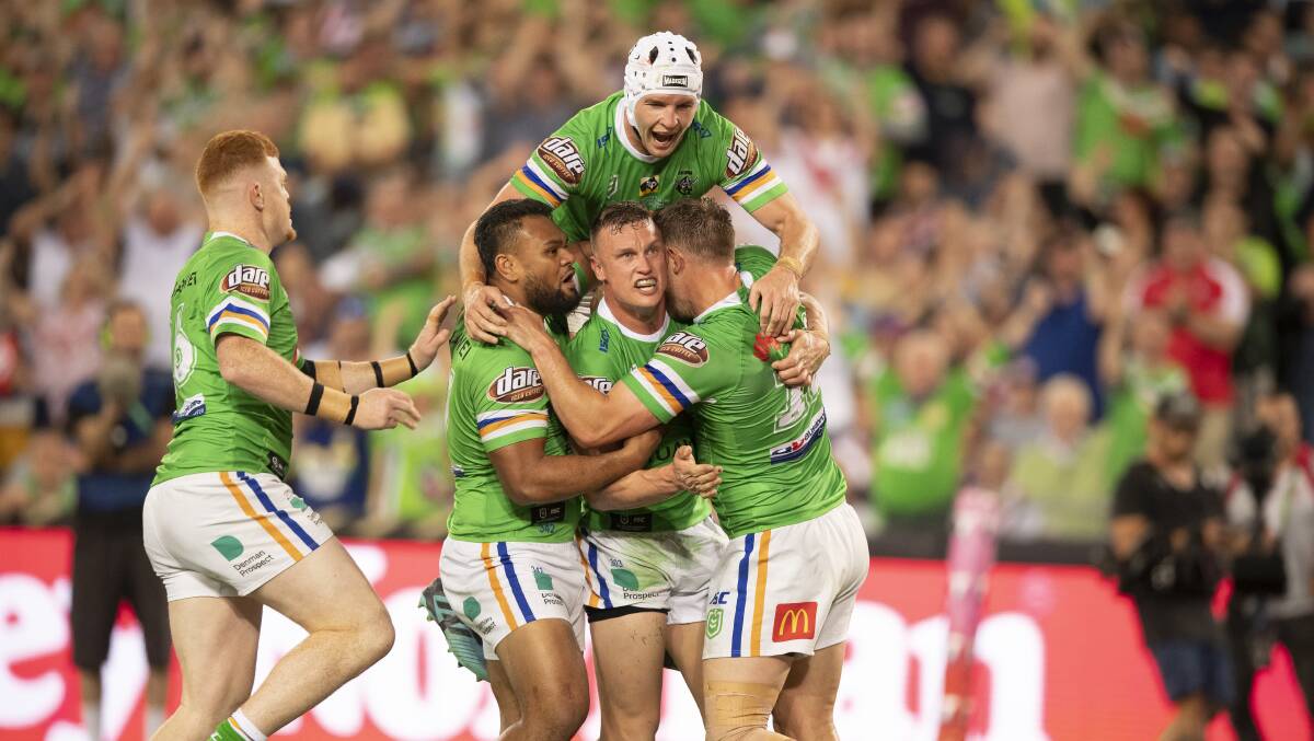 The Raiders celebrate Jack Wighton's try. Picture: Sitt Ditthavong