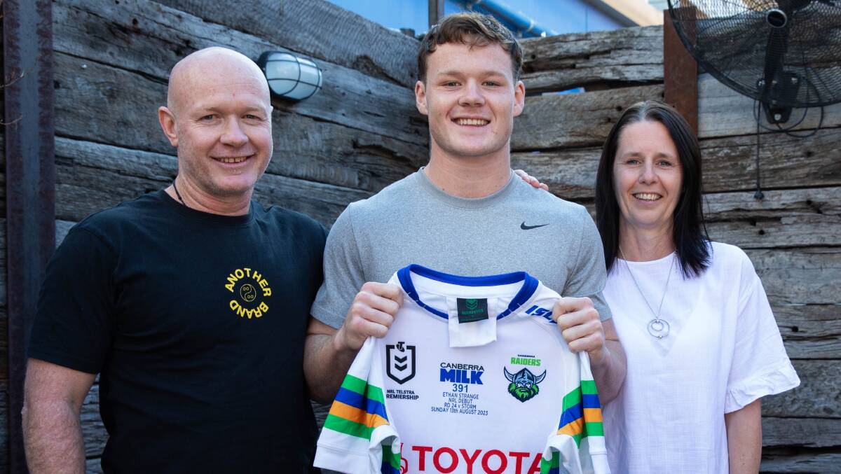 Strange's parents, John and Adele, presented him with his jersey in Canberra on Friday. Picture Raiders Media