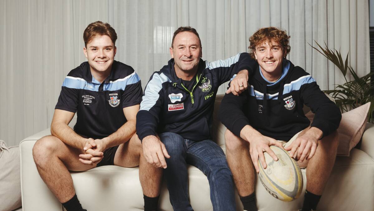 Raiders coach Ricky Stuart's son, Jed (right), will have a trial with the Aussie Sevens from Monday. Picture: Dion Georgopoulos