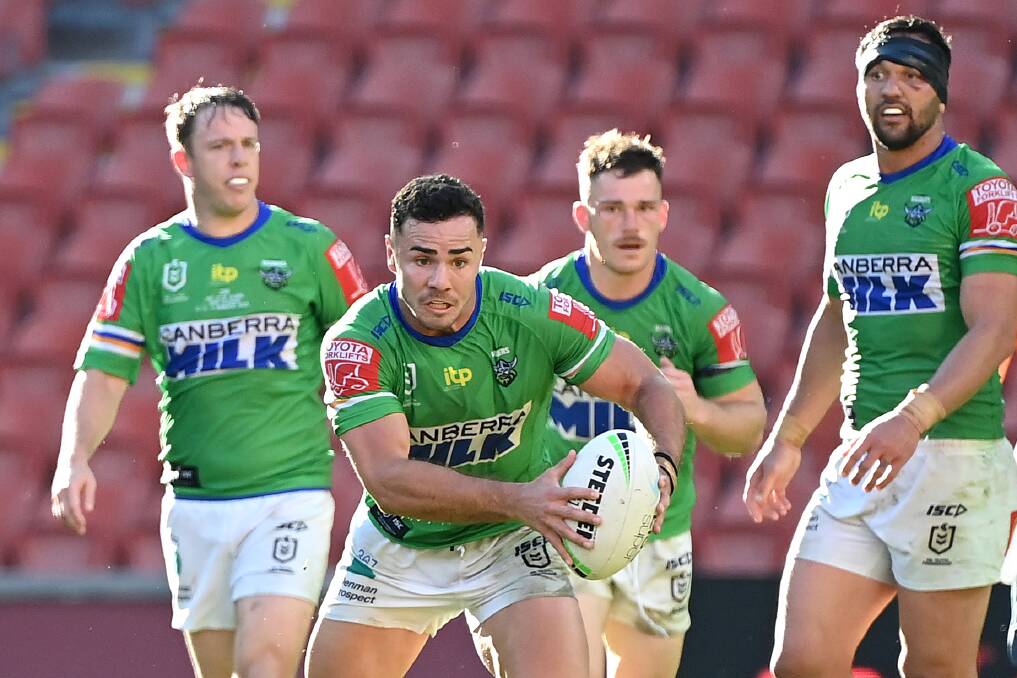 Raiders coach Ricky Stuart has backed Harley Smith-Shields against Roosters winger Daniel Tupou. Picture: Getty Images