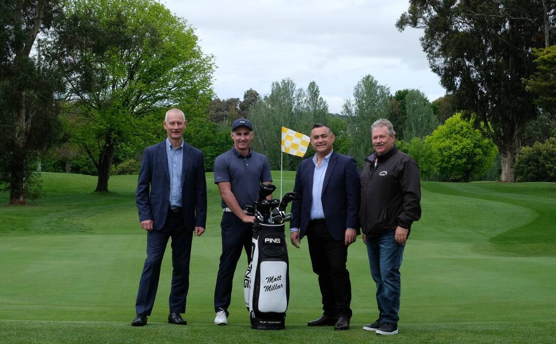 Canberra golfer Matt Millar, second from left, says the Queanbeyan Open will be one step away from the defacto Australian Open. He was at the announcement of the NSW Regional Open Series with Gold NSW CEO Stuart Fraser, NSW Deputy Premier John Barilaro and Queanbeyan president John Bull. Picture: David Tease/Golf NSW
