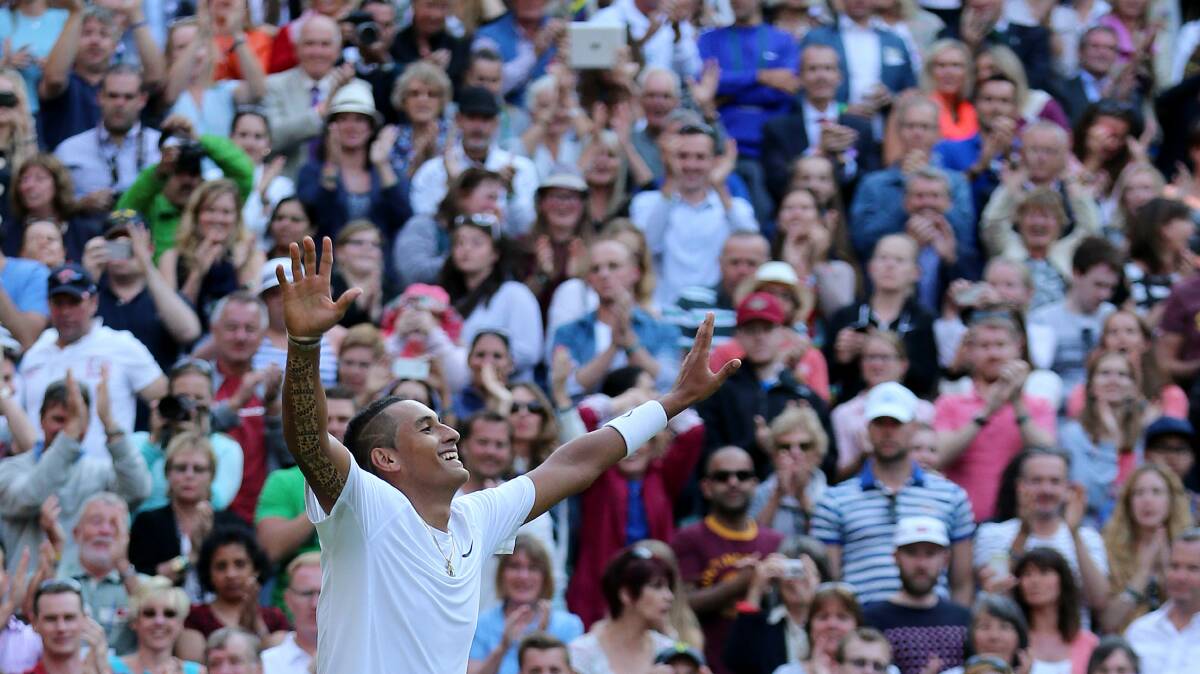 Canberra's Nick Kyrgios is finally back in the Wimbledon quarter-finals - eight years after he first made it. Picture: Getty Images