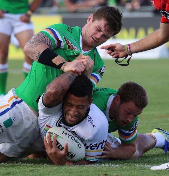 Raiders second-rower John Bateman and Panthers forward Viliame Kikau resume their rivalry. Picture: Les Smith