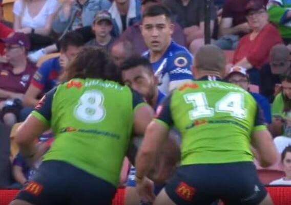Raiders enforcer Josh Papalii is facing up to five weeks on the sideline for this tackle. Picture: Fox Sports