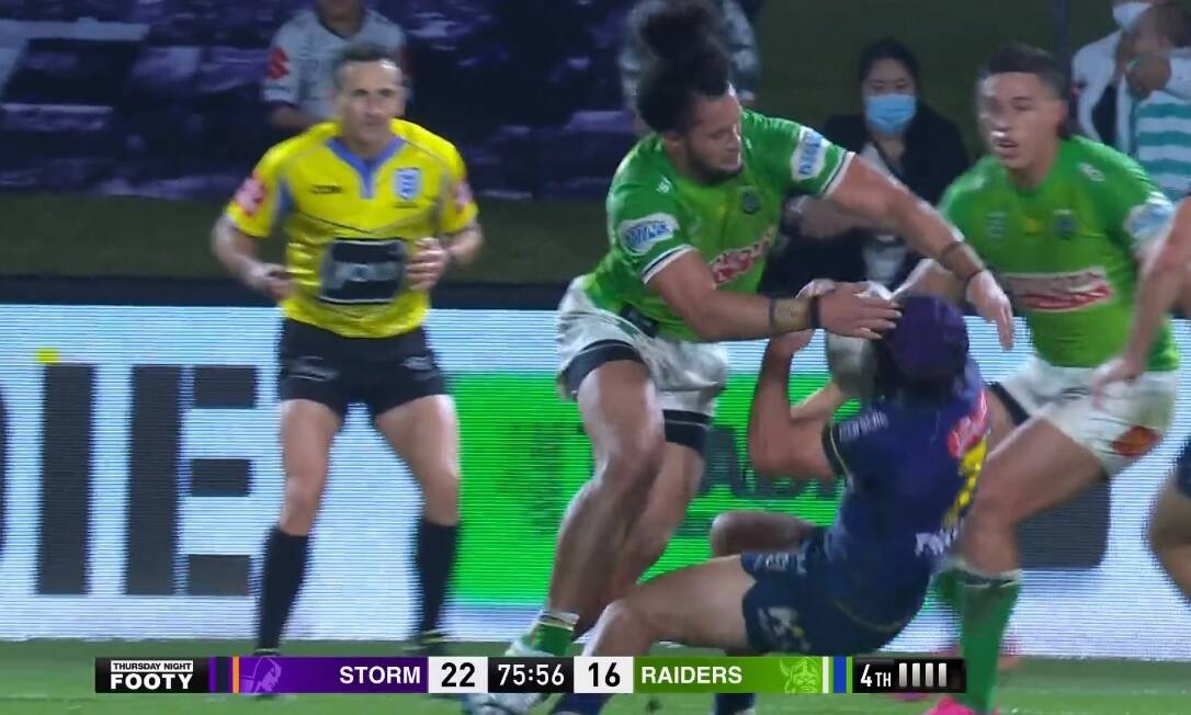 Raiders forward Corey Harawira-Naera issued a heartfelt apology to Jahrome Hughes after this hit. Picture: Channel Nine screengrab