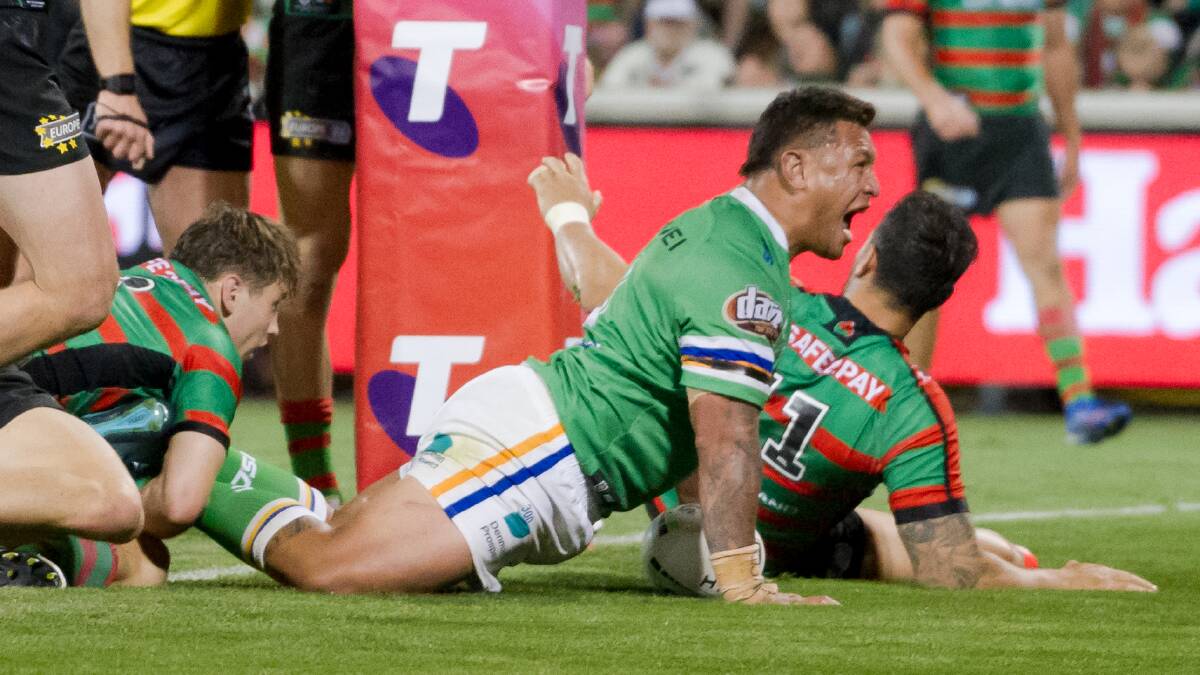 Josh Papalii sends the Raiders into the 2019 NRL grand final with this try against the Rabbitohs. Picture: Elesa Kurtz