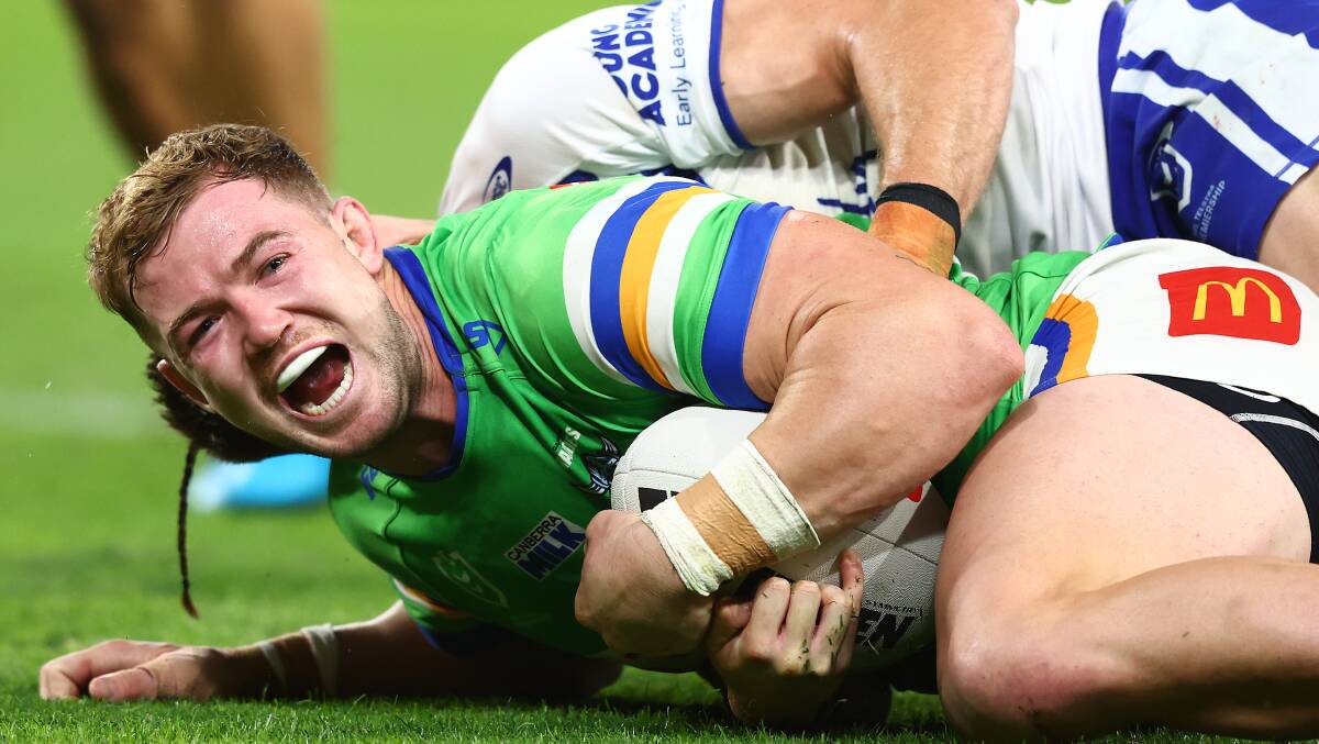Raiders second-rower Hudson Young scored a simple try off a Jamal Fogarty high ball. Picture Getty Images
