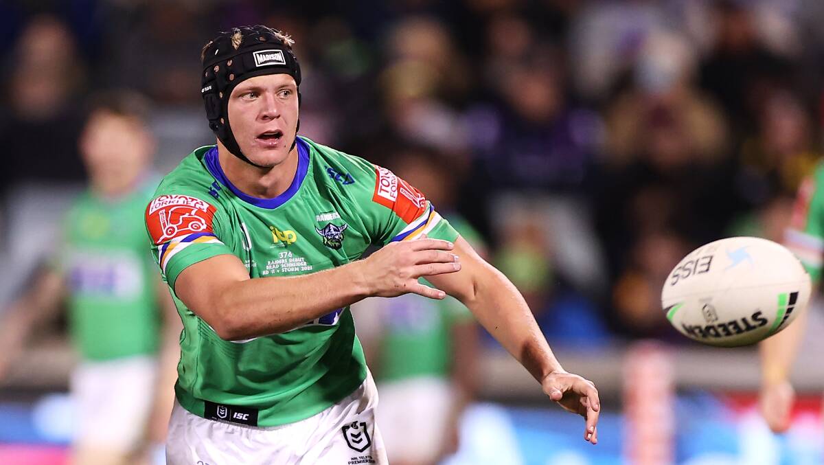 Young Raiders half Brad Schneider will start at halfback against the Sharks in round one. Picture: Getty Images