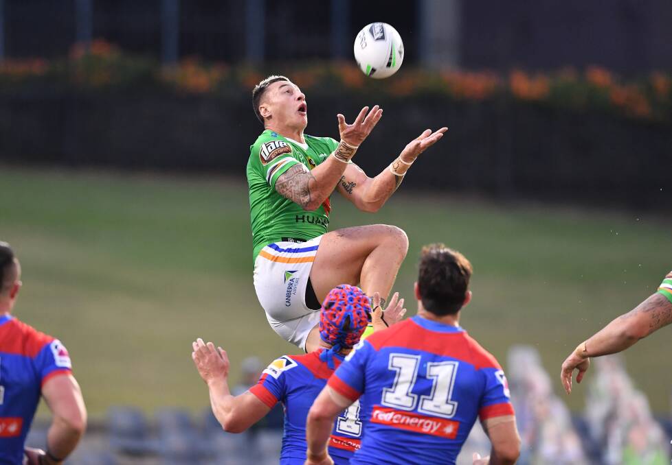 Raiders fullback Charnze Nicoll-Klokstad struggled early under the high ball in wet conditions. Picture: NRL Imagery