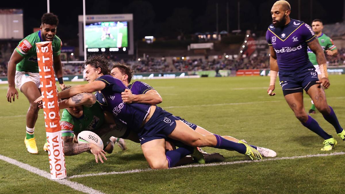 The Storm swamped the Raiders to run over the top of them. Picture: Getty Images