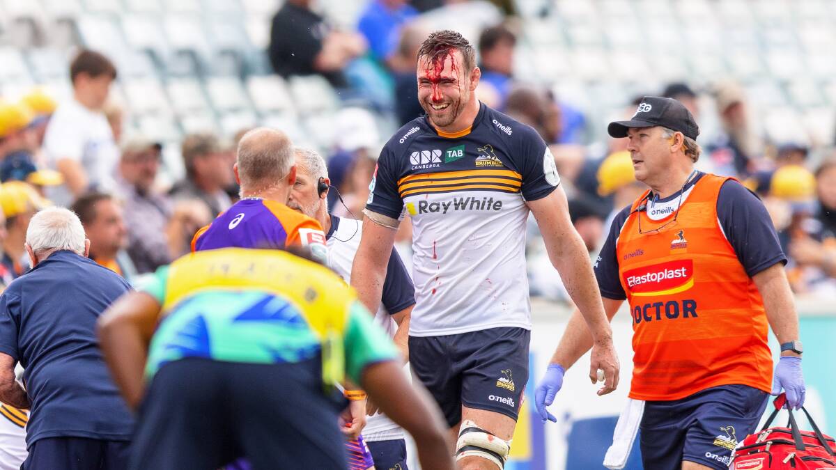 Brumbies lock Nick Frost heads to the blood bin. Picture: Sitthixay Ditthavong