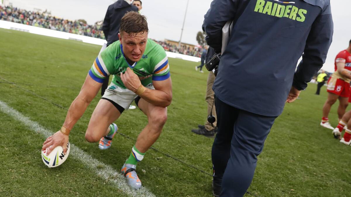 An emotional Jack Wighton after full-time against the Dolphins in Wagga Wagga. Picture by Les Smith