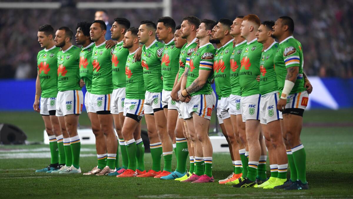 The Raiders line up for the national anthem. Picture: NRL Imagery