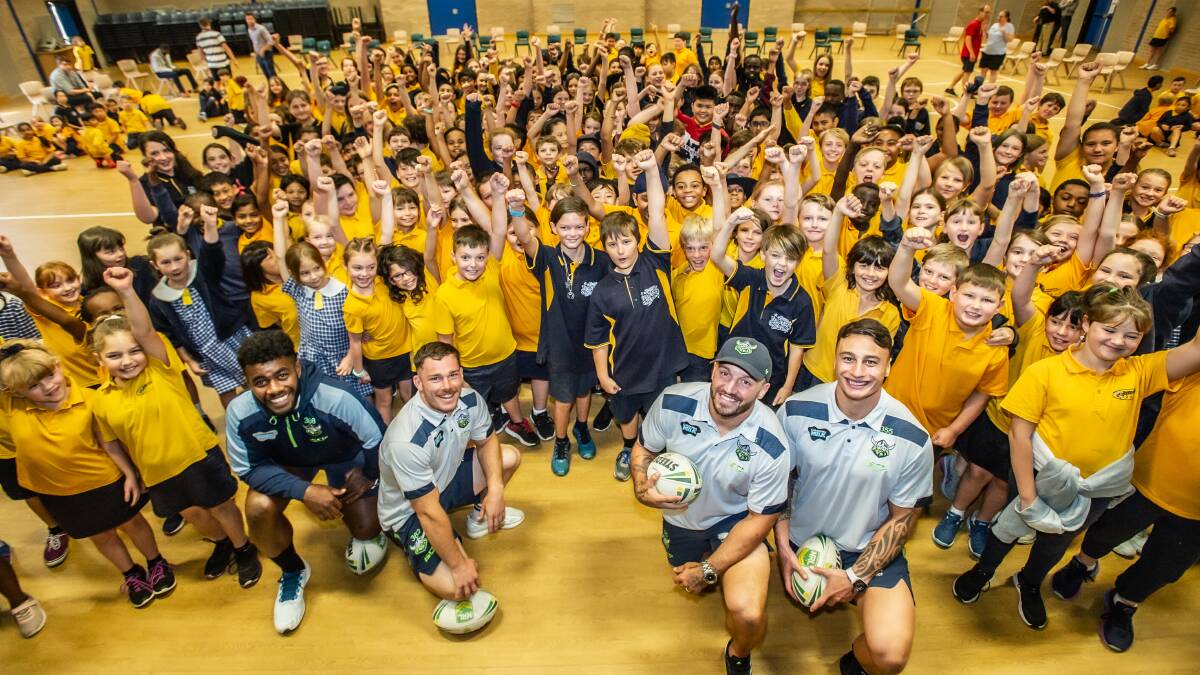Ngunnawal Primary was one of 20 schools the Raiders visited on Monday. Picture: Karleen Minney