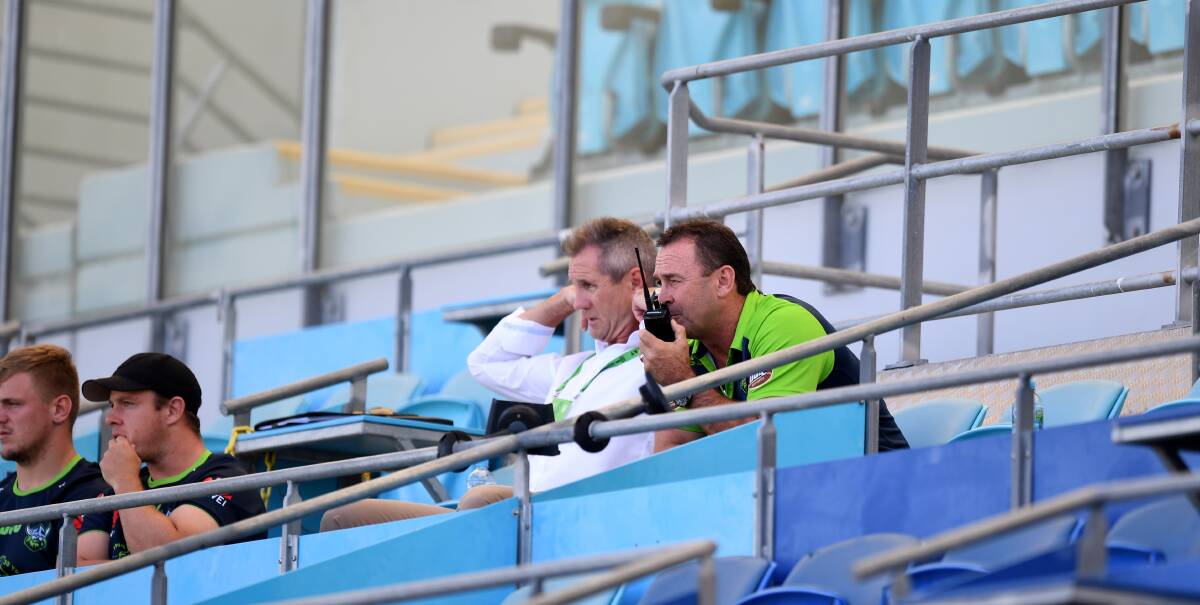 Raiders CEO Don Furner takes his place alongside coach Ricky Stuart on the Gold Coast. Picture: NRL Imagery