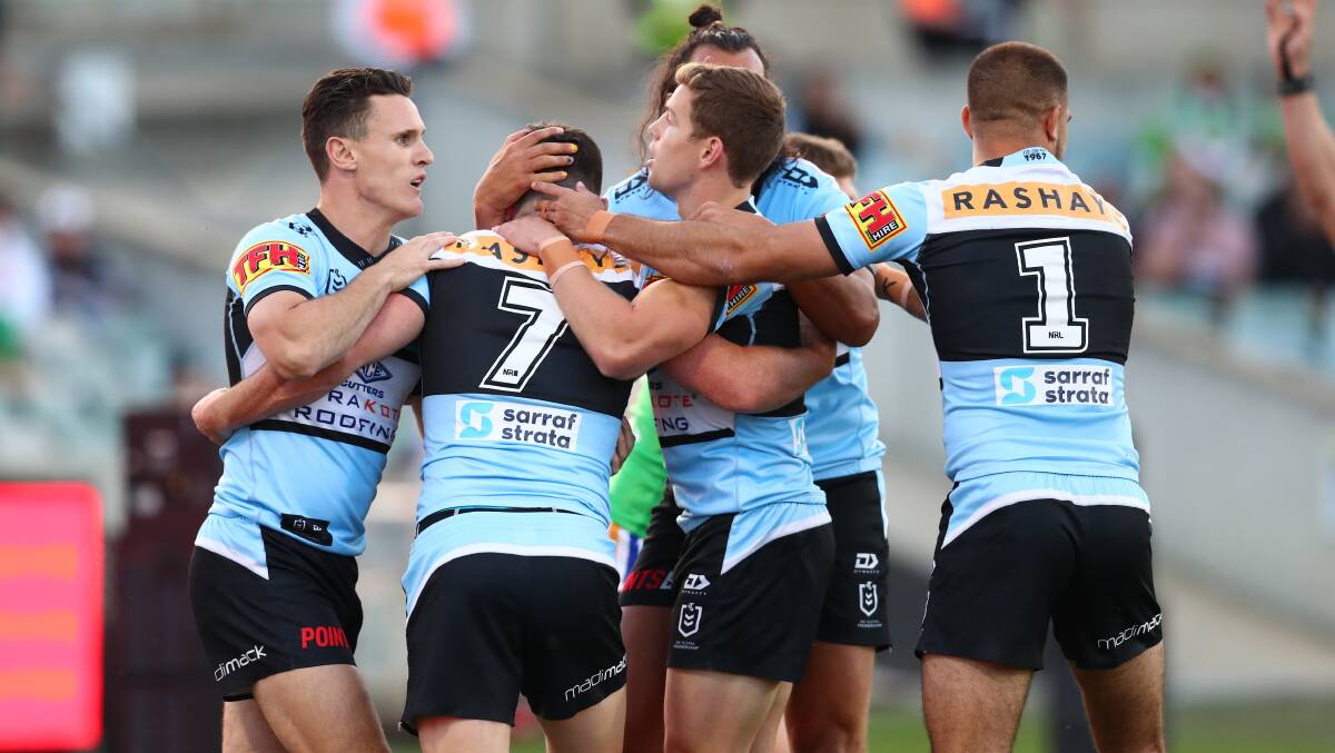Sharks halfback Chad Townsend troubled the Raiders with his kicking game. Picture: NRL Imagery