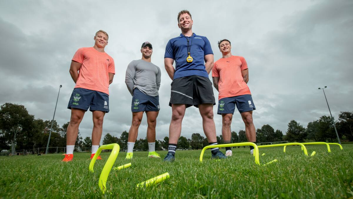 Canberra-based sprint coach Lincoln Shrubb has been working with Fabri's ACT-based Raiders - Brad Schneider, Harley Smith-Shields and Charnze Nicoll-Klokstad. Picture: Sitthixay Ditthavong