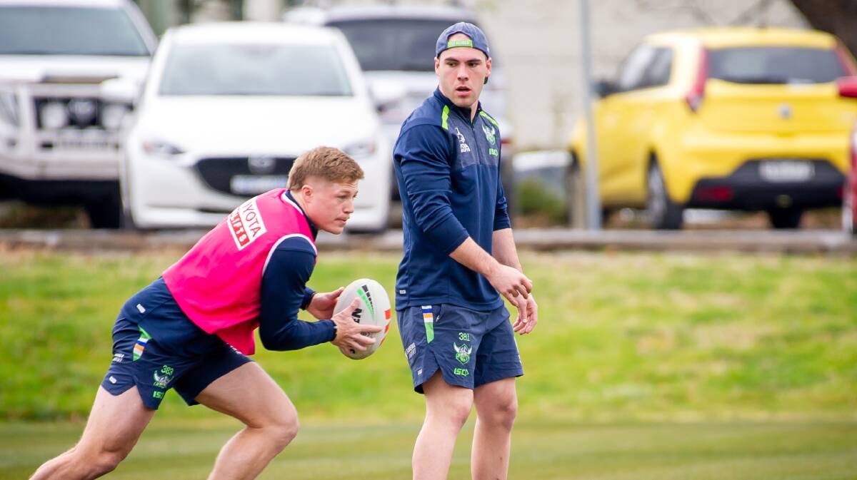 Raiders hooker Adrian Trevilyan, right, will play his second NRL game on Sunday. Picture by Elesa Kurtz