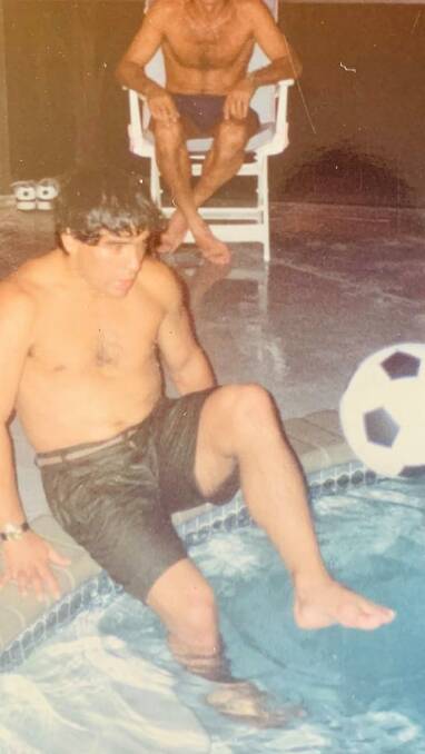 Maradona does some juggling in the pool. Picture: Supplied