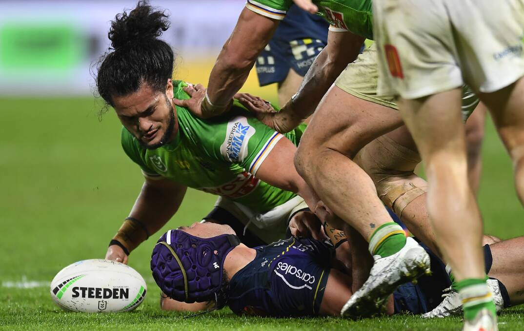 Raiders forward Corey Harawira-Naera faces a three-game ban for his high shot on Storm halfback Jahrome Hughes. Picture: Getty Images