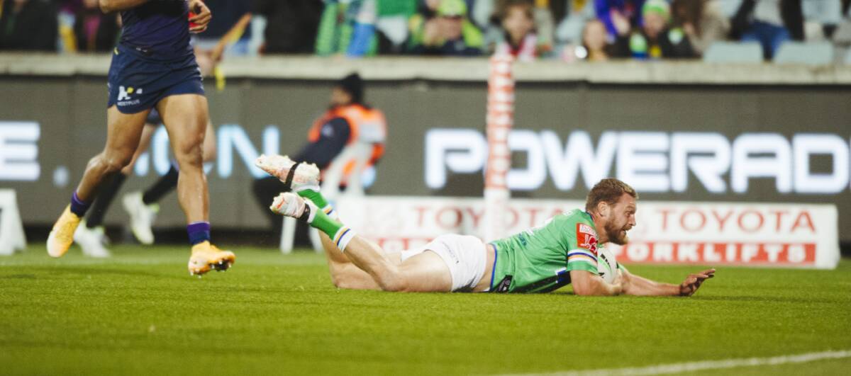 Raiders captain Elliott Whitehead scored a try in the first half. Picture: Dion Georgopoulos