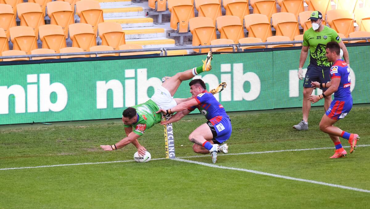 Raiders winger Harley Smith-Shields dives into the corner for his second NRL try. Picture: NRL Imagery